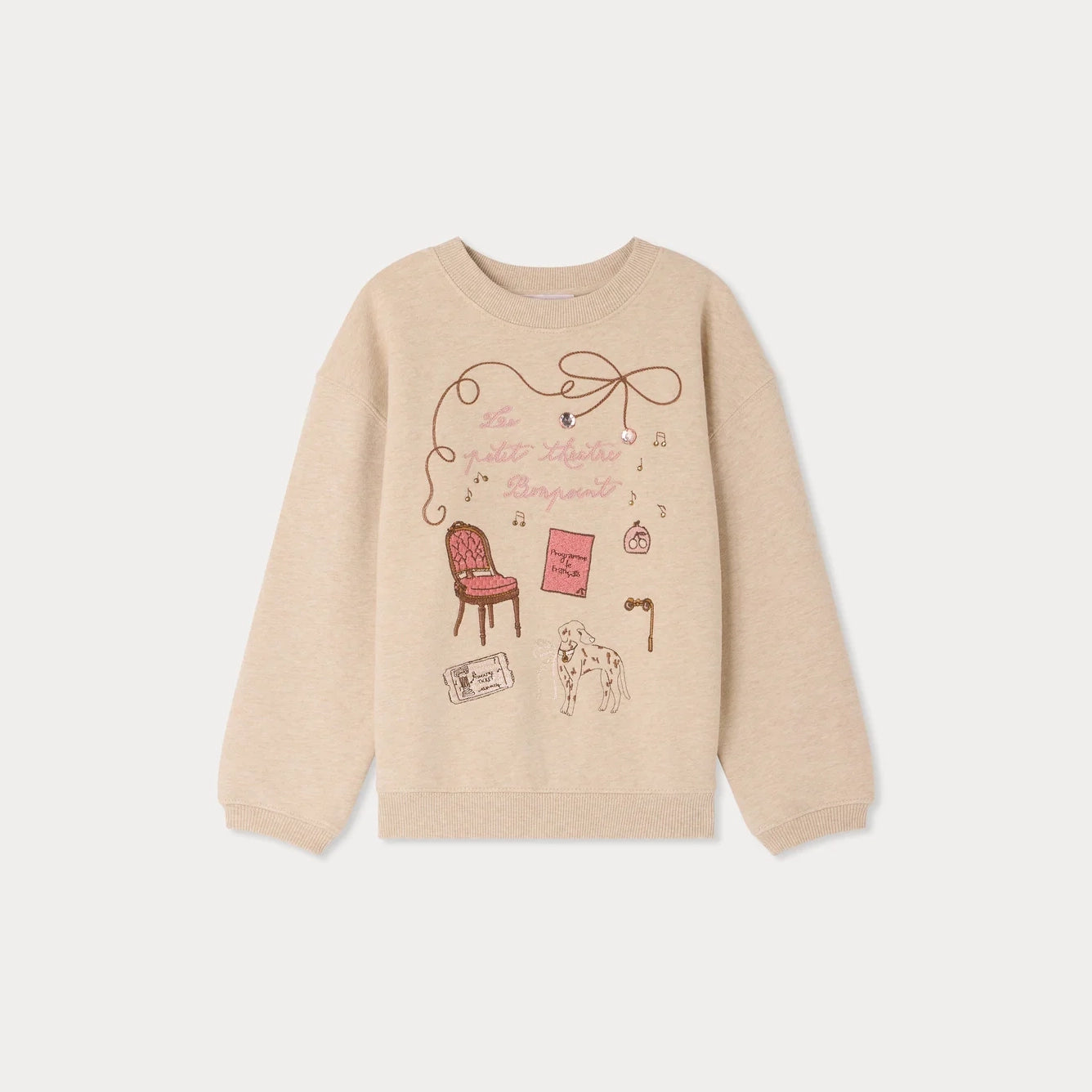 Girls Beige Embroidered Cotton Sweatshirt