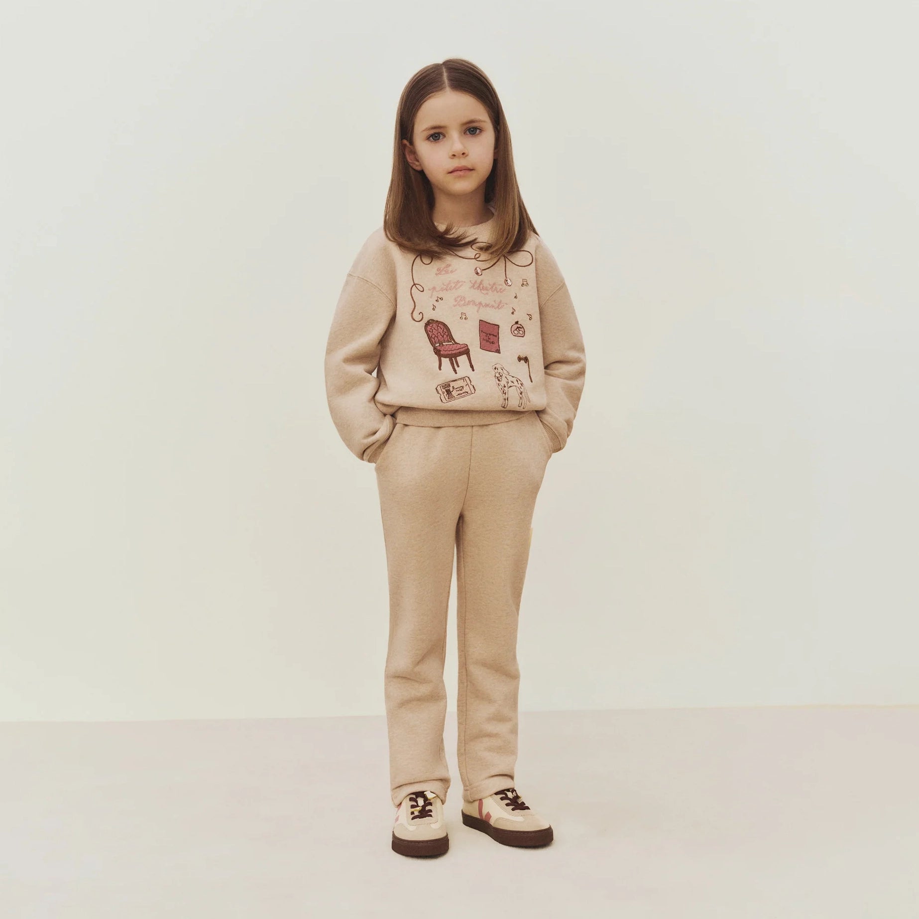 Girls Beige Embroidered Cotton Sweatshirt