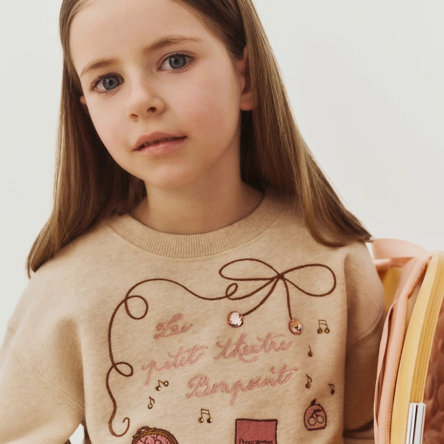 Girls Beige Embroidered Cotton Sweatshirt