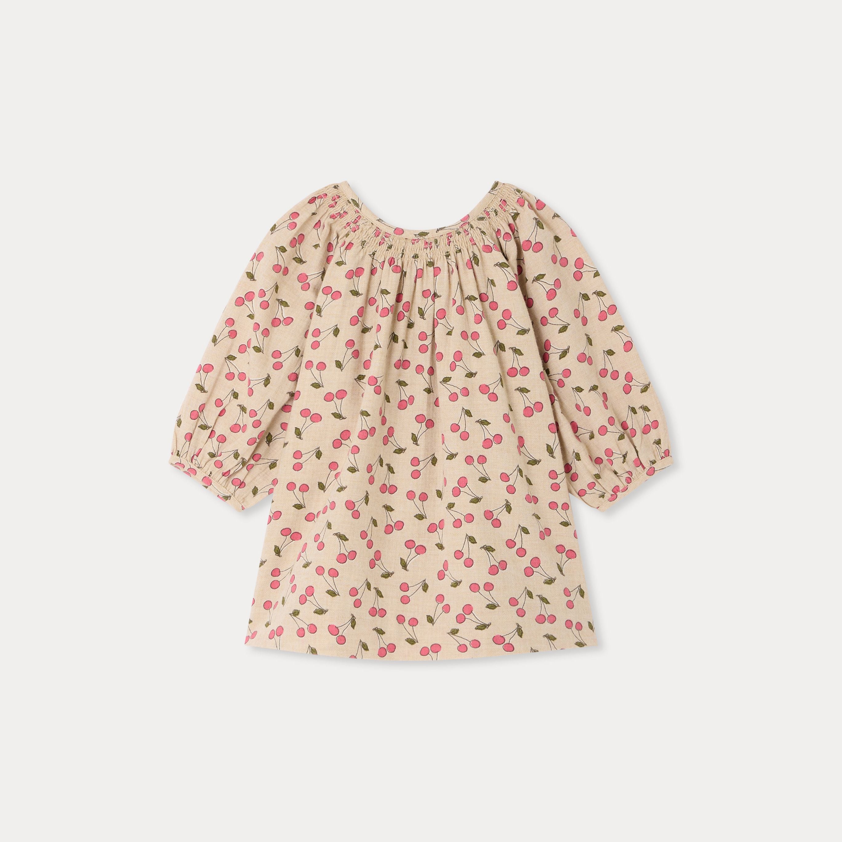 Baby Girls Beige Cherry Printed Cotton Dress