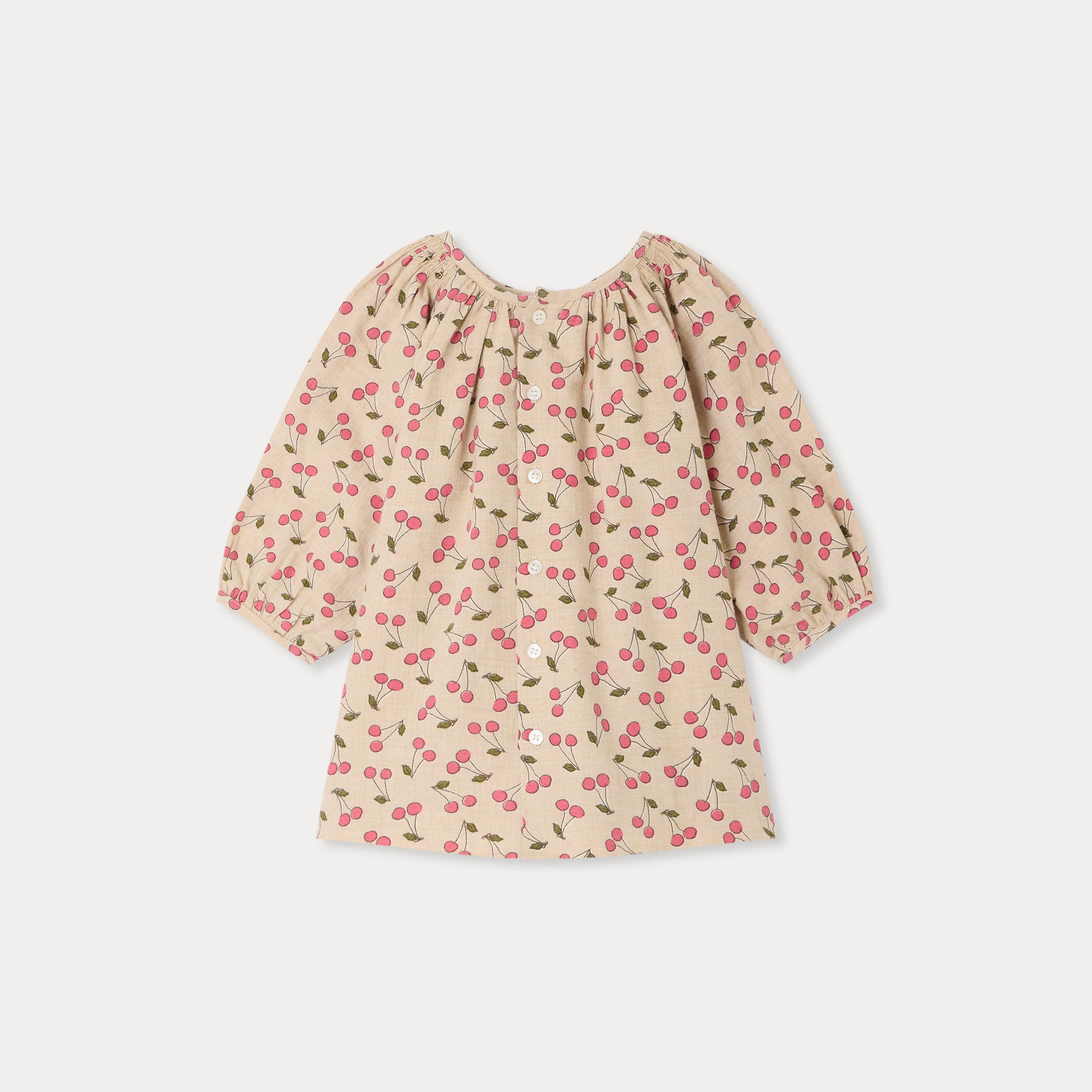Baby Girls Beige Cherry Printed Cotton Dress