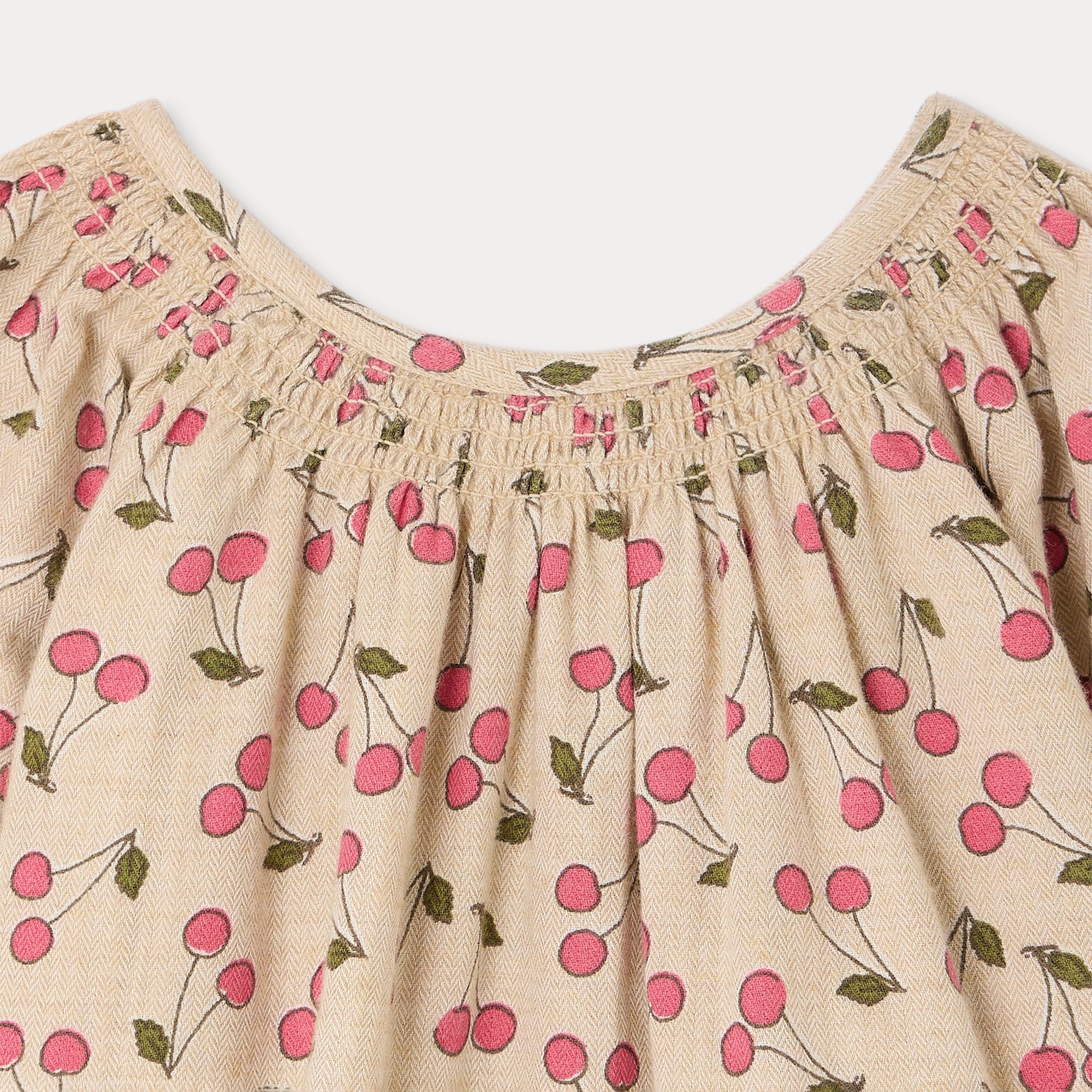 Baby Girls Beige Cherry Printed Cotton Dress