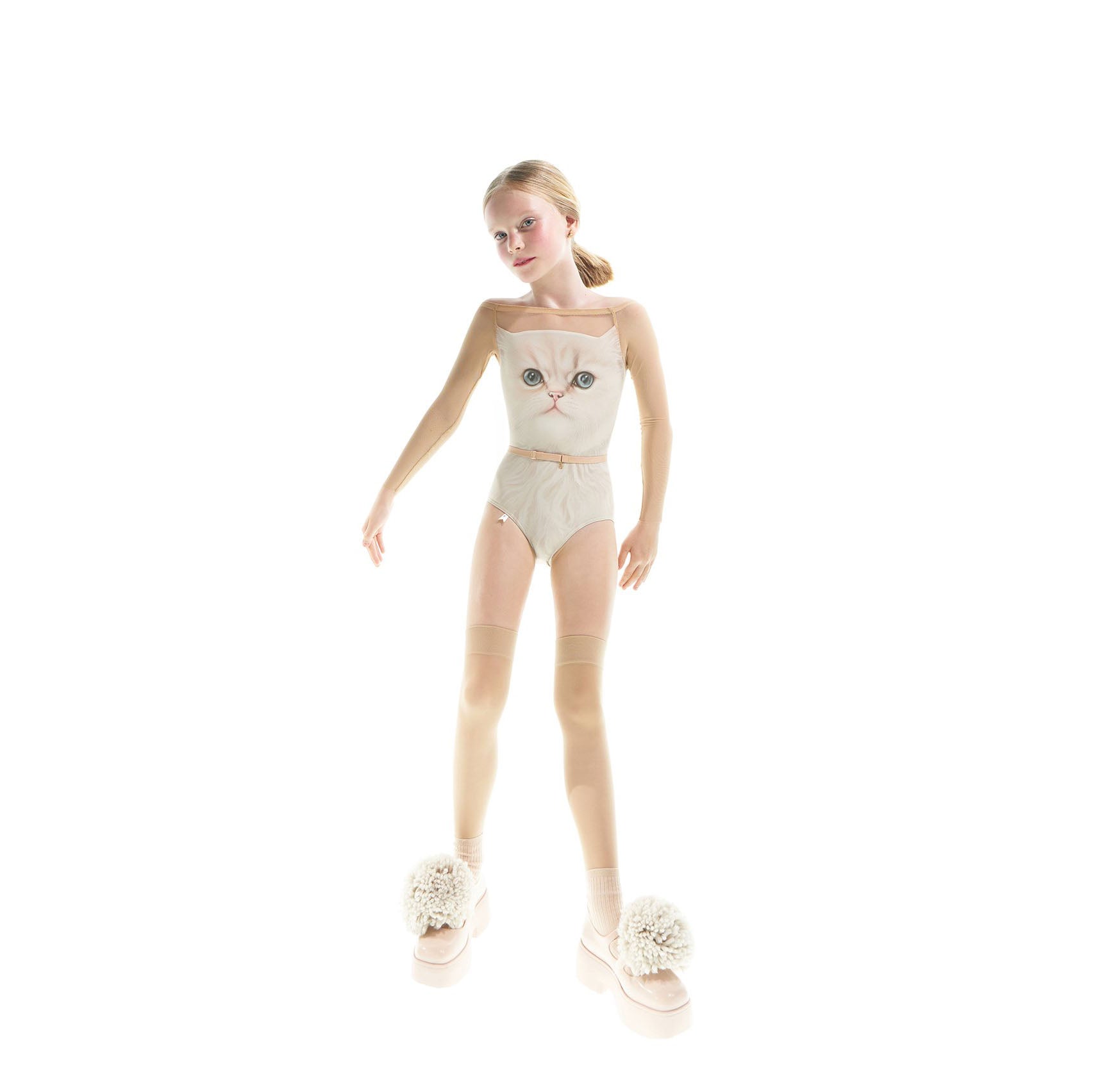 Girls White Cat Boatneck Ballet Onesies