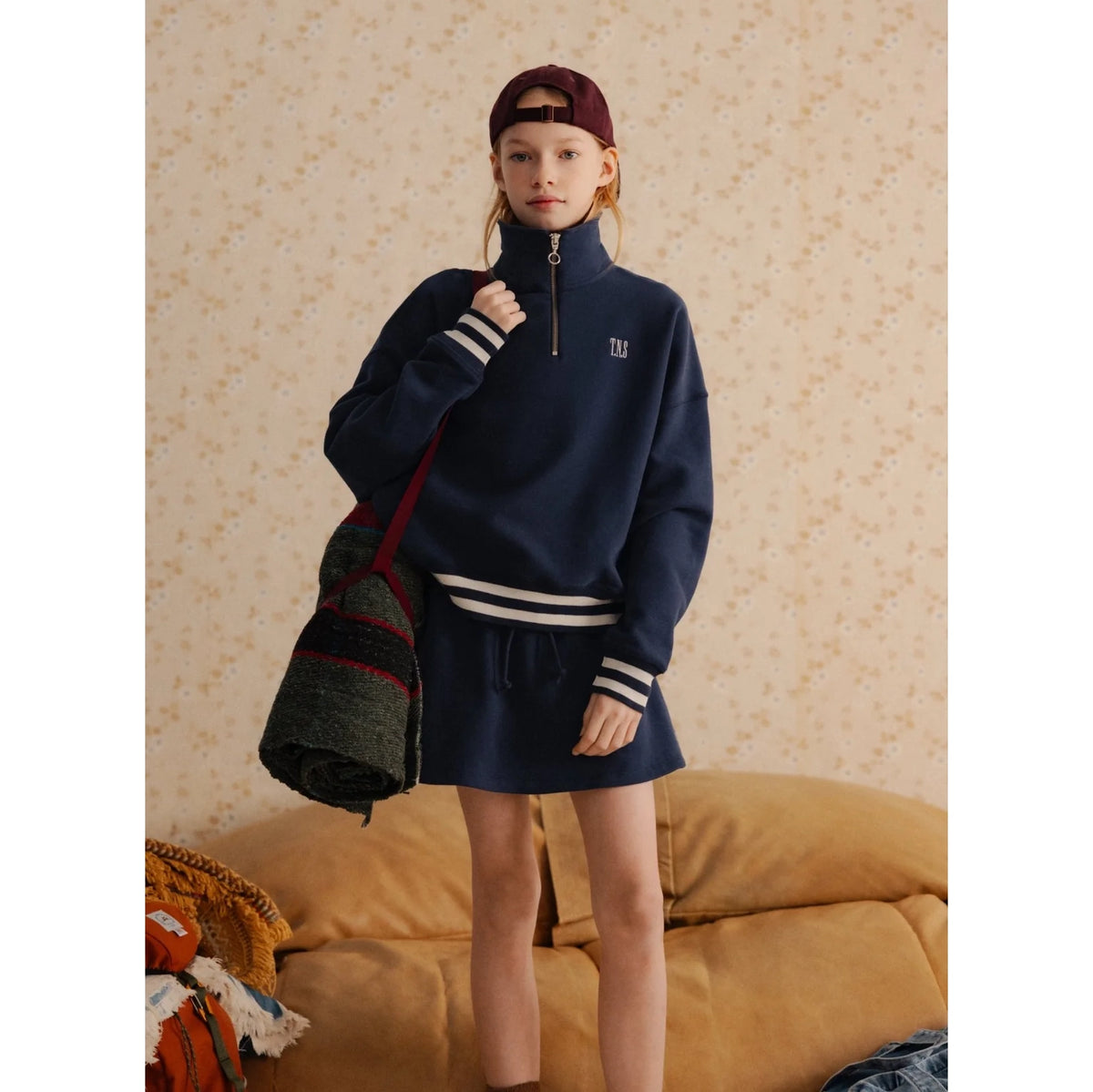 Boys & Girls Navy Mock-neck Cotton Sweatshirt