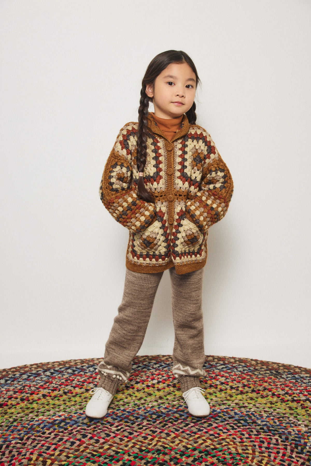 Boys & Girls Brown Crochet Square Wool Cardigan