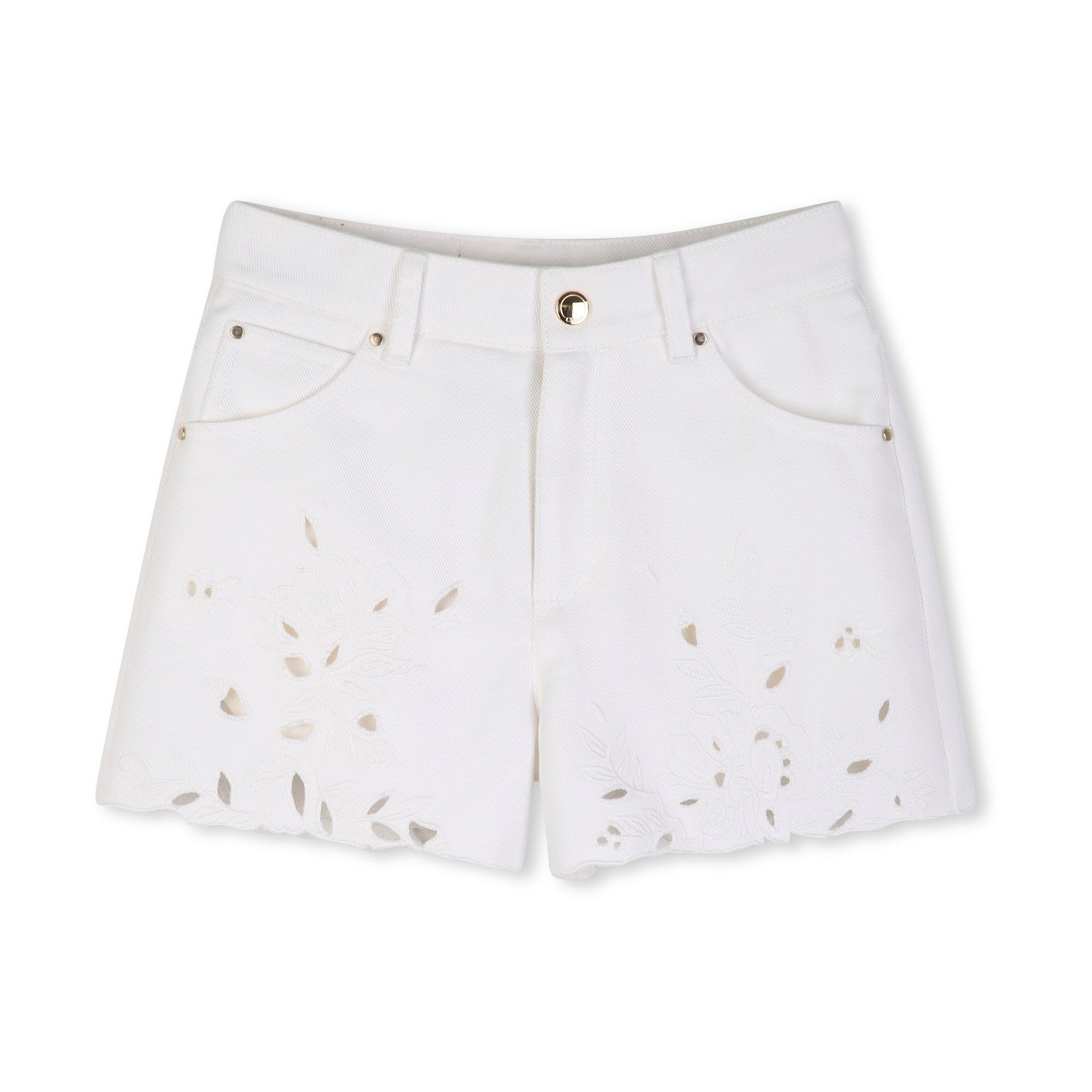Girls White Embroidered Cotton Shorts