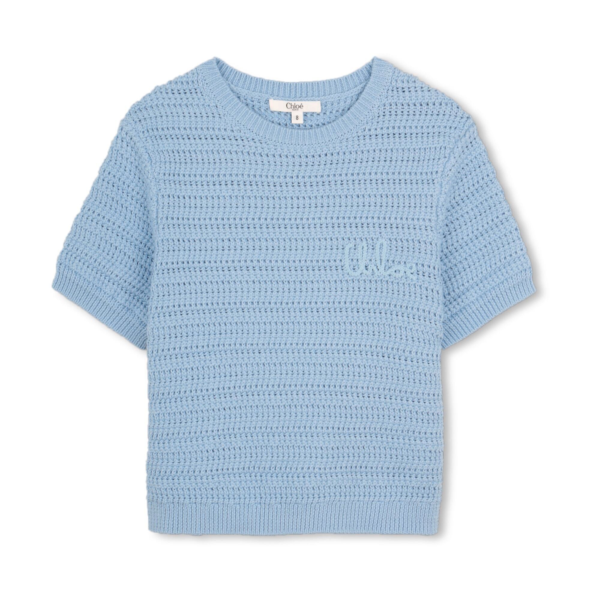 Girls Blue Hollow Cotton Knit Sweater
