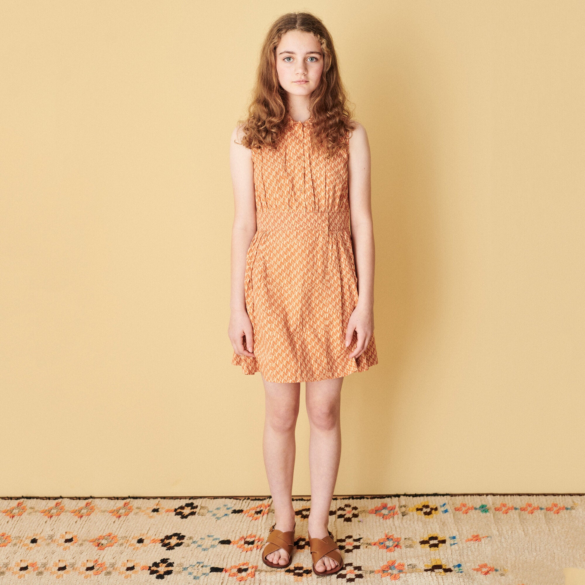 Girls Apricot Printed Cotton Dress