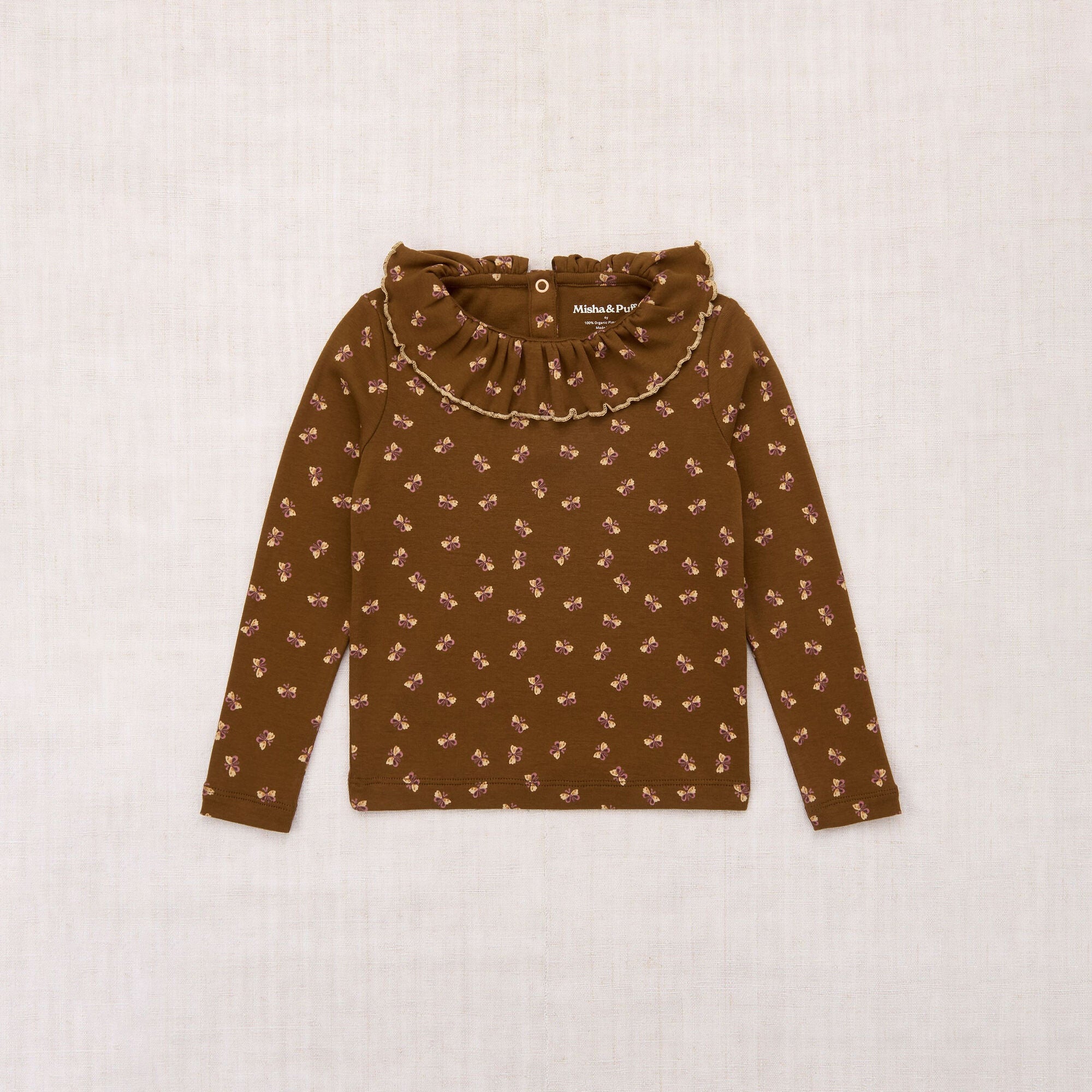 Girls Dark Coffee Ruffled Collar Cotton Top