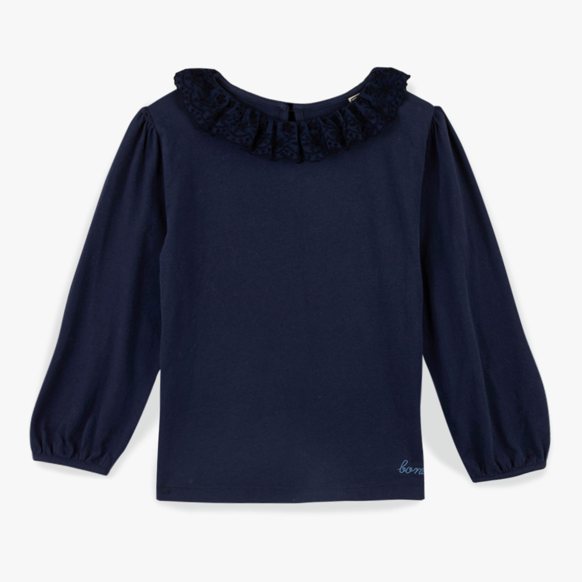 Girls Navy Ruffled Cotton T-Shirt