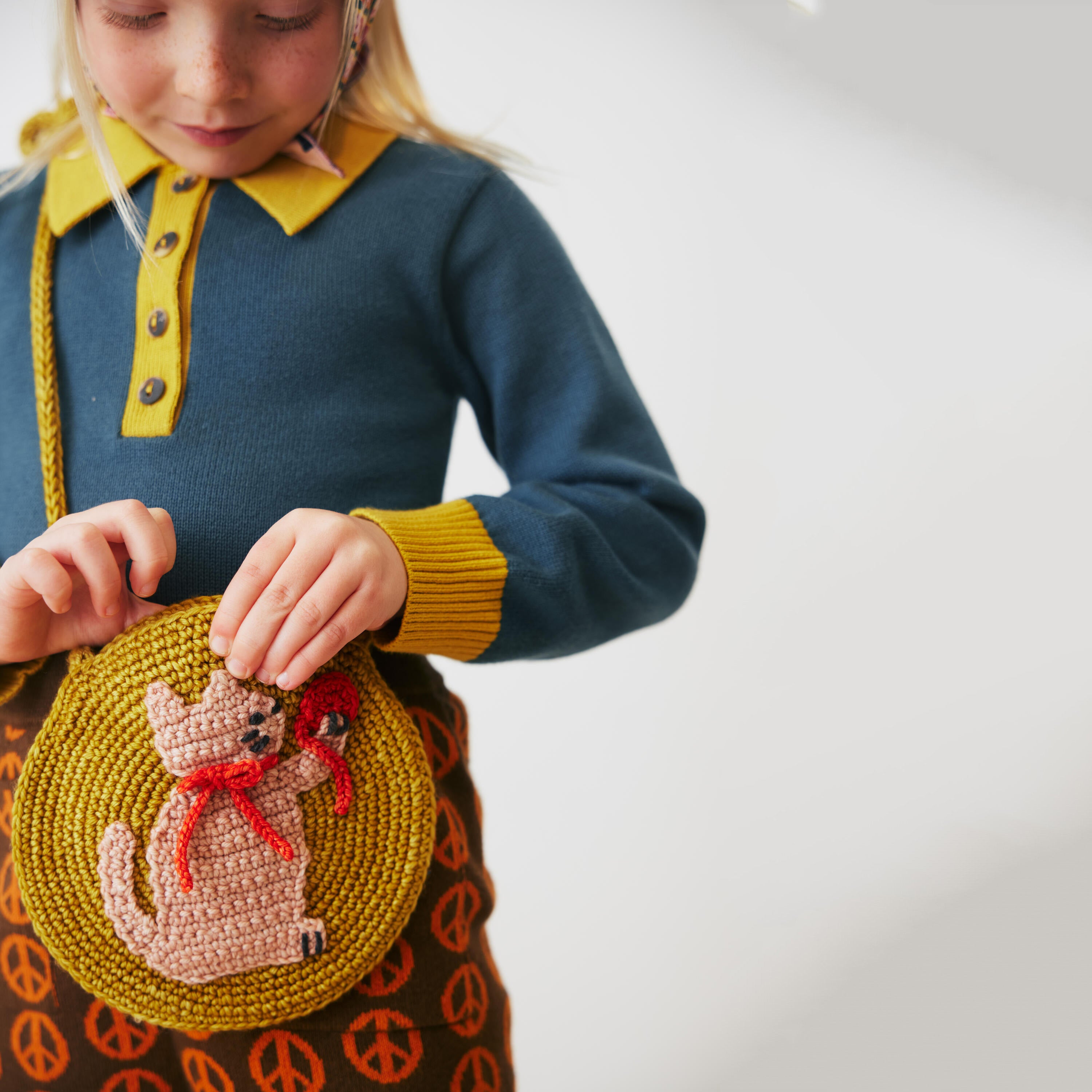Boys & Girls Gold Cat Wool Shoulder Bag