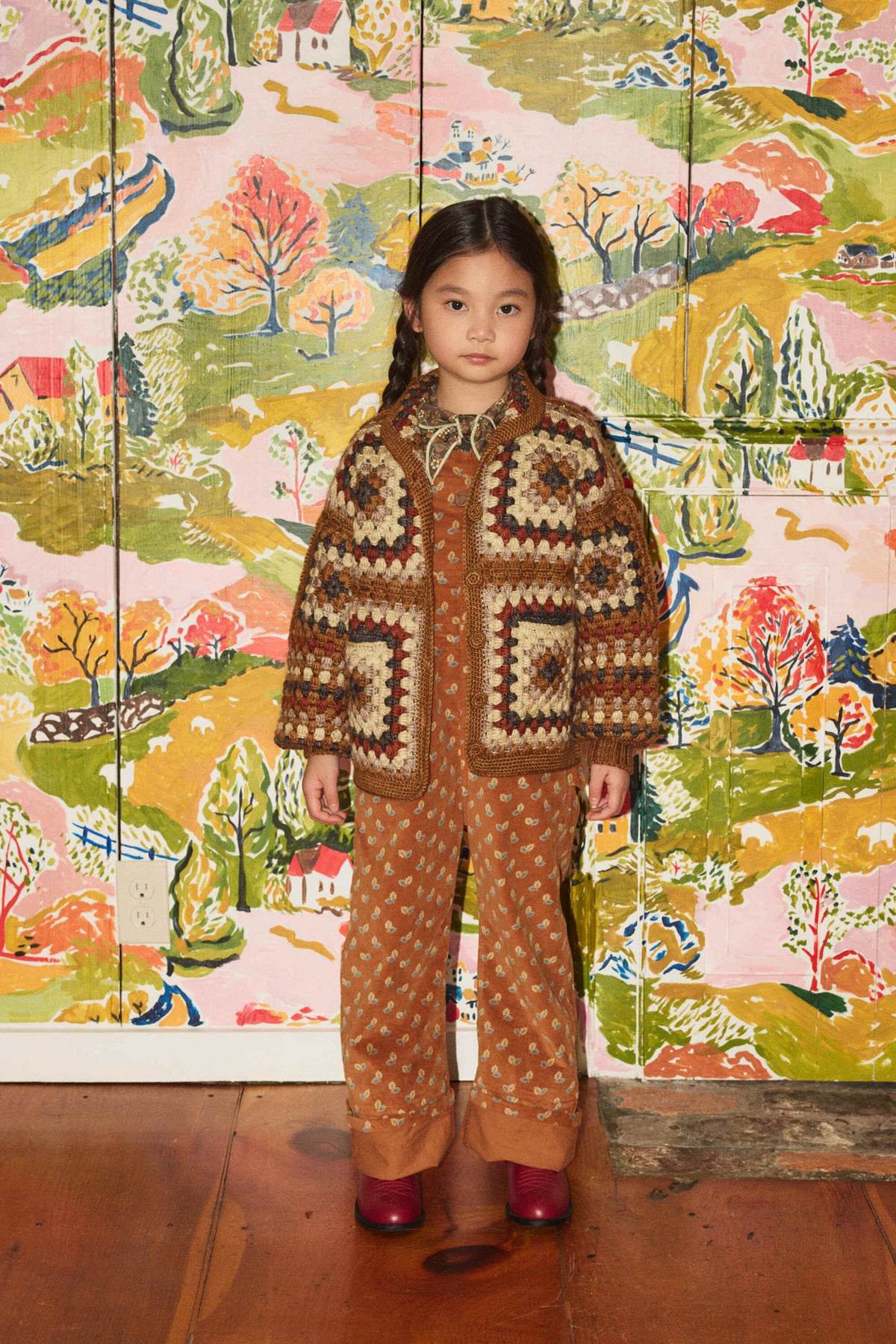 Boys & Girls Brown Crochet Square Wool Cardigan
