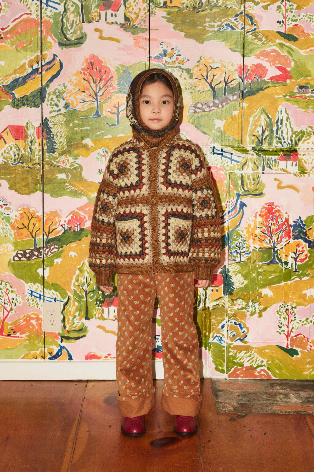 Boys & Girls Brown Crochet Square Wool Cardigan