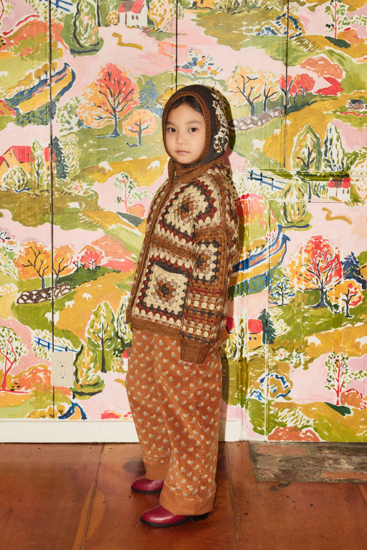 Boys & Girls Brown Crochet Square Wool Cardigan