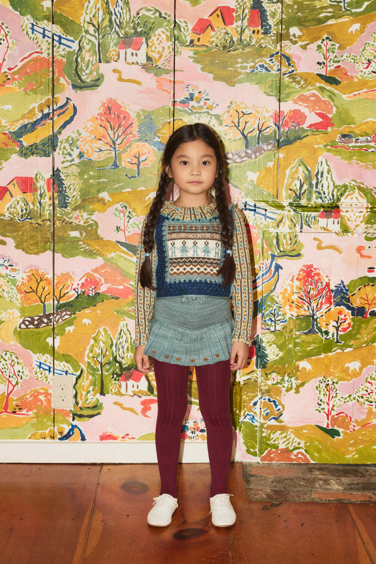 Girls Light Blue Embroidered Wool Skirt