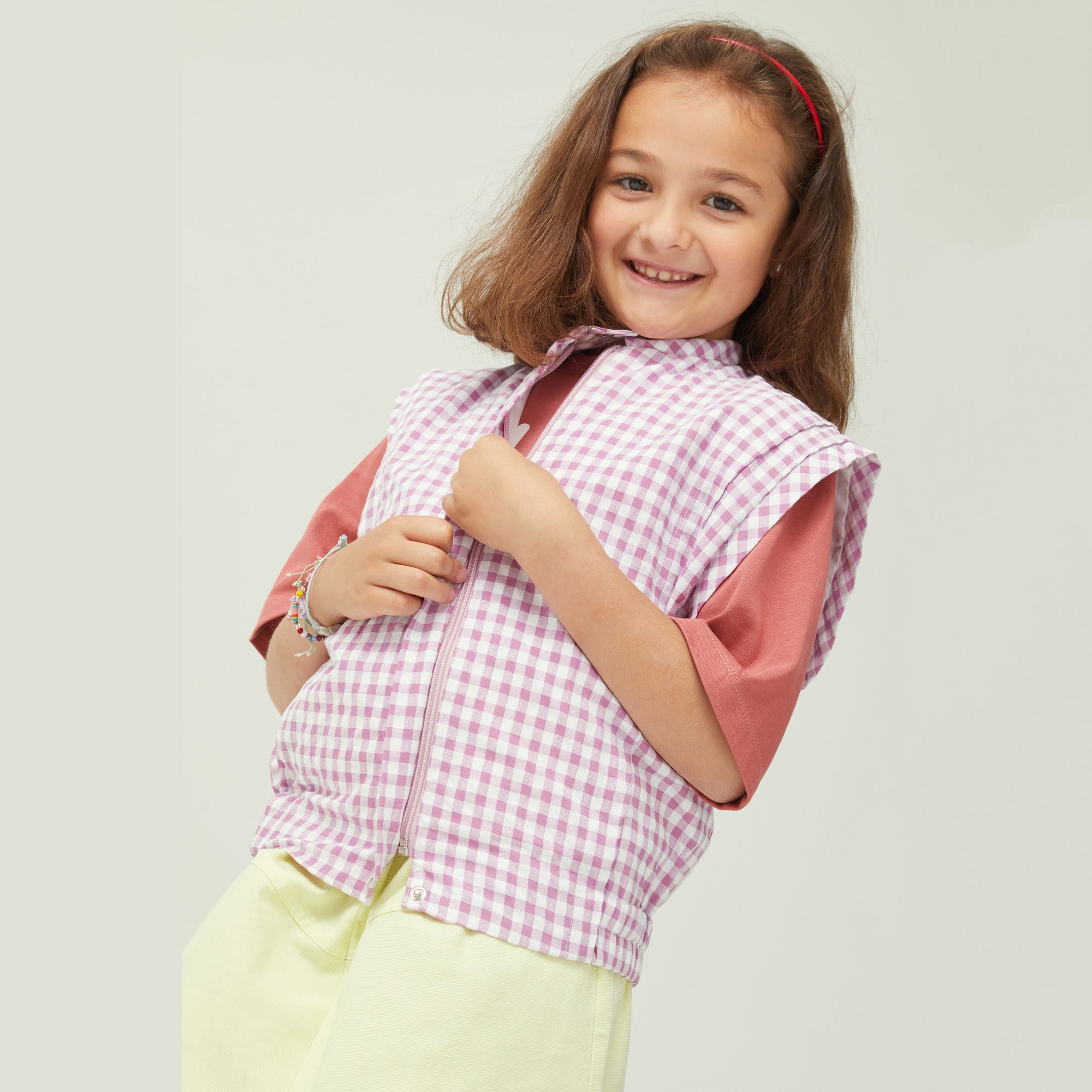 Girls Pink Purple Check Cotton Gilet