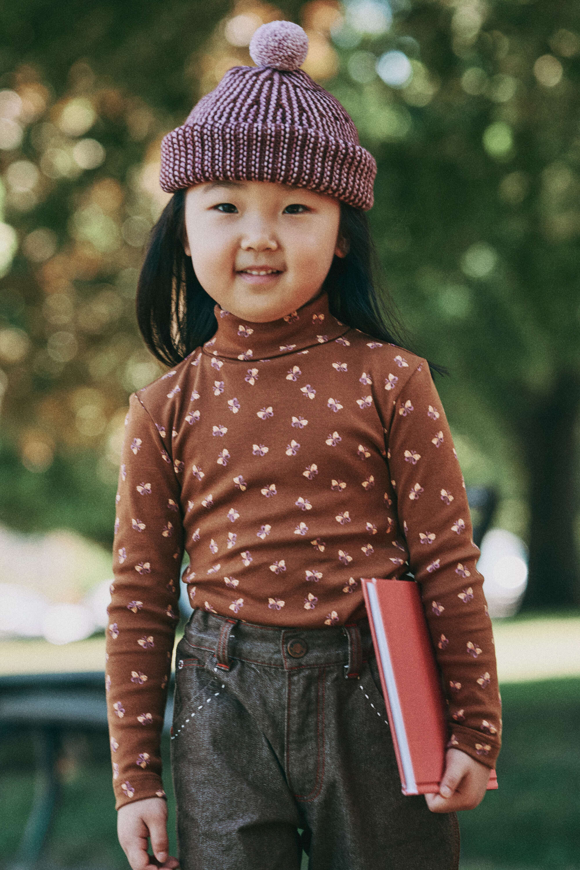 Boys & Girls Dark Coffee Printed Cotton Turtleneck