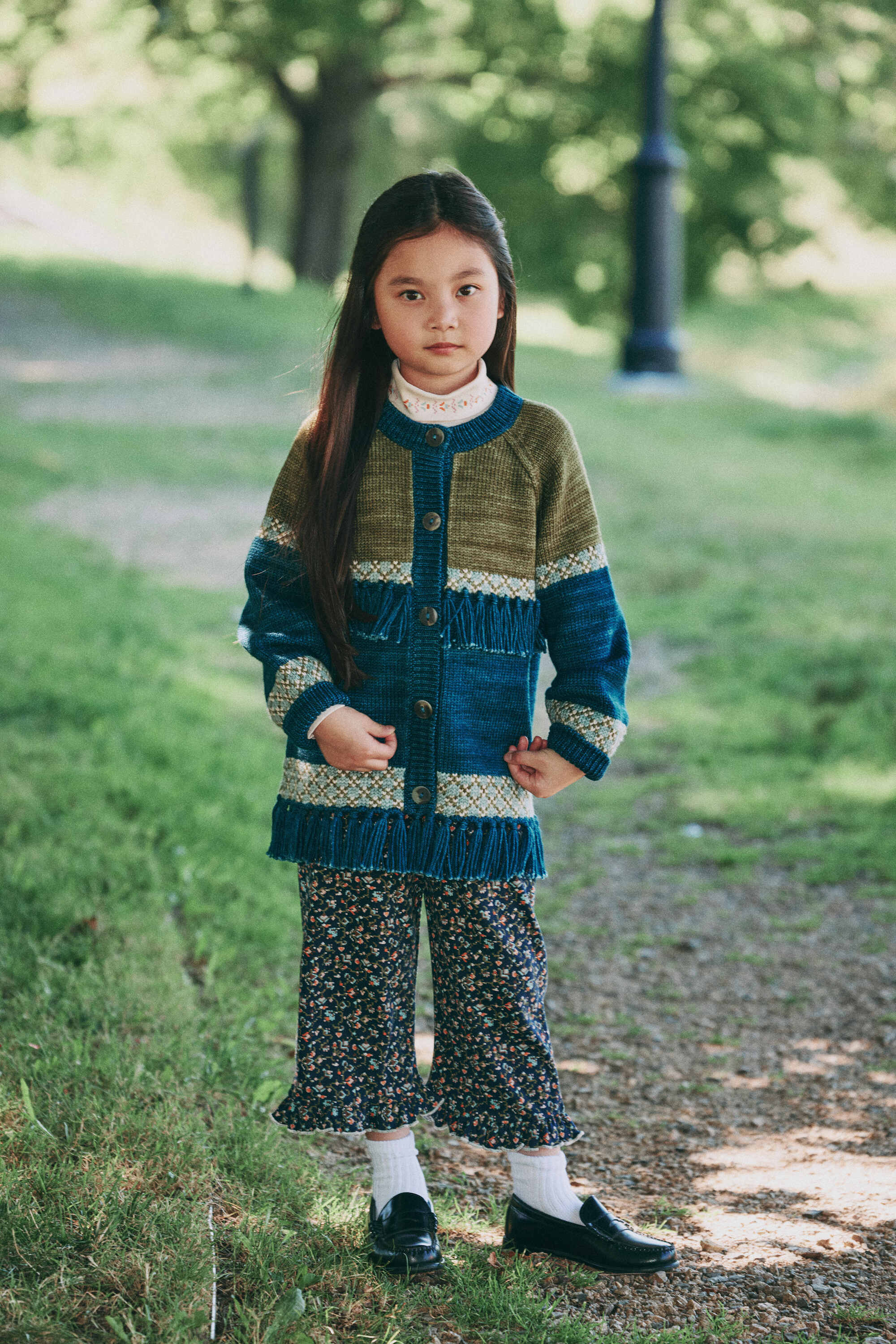Girls Dark Blue Pattern Cotton Trousers