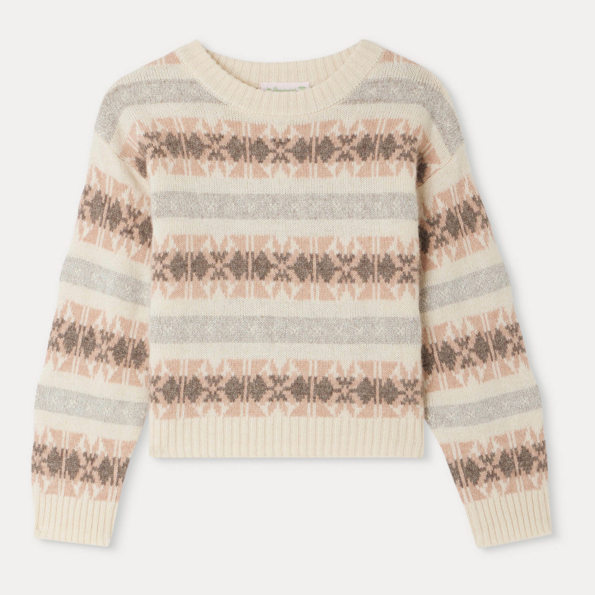 Girls Beige Jacquard Wool Sweater