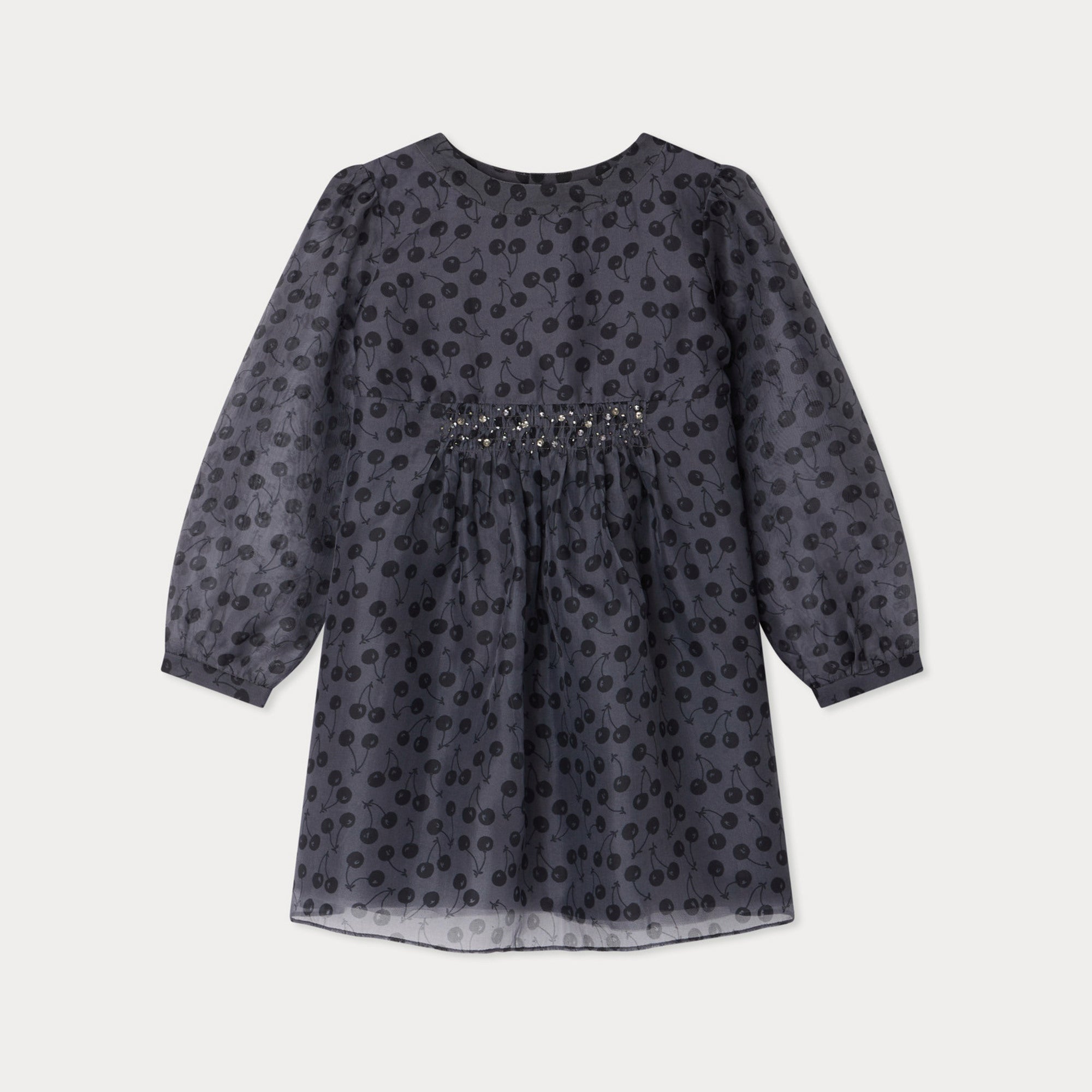 Girls Black Cherry Printed Silk Dress