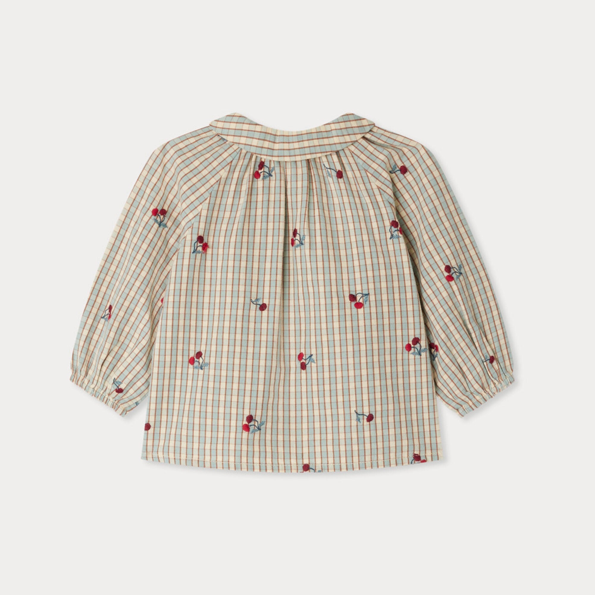 Baby Girls Beige Check Embroidered Cherry Cotton Shirt