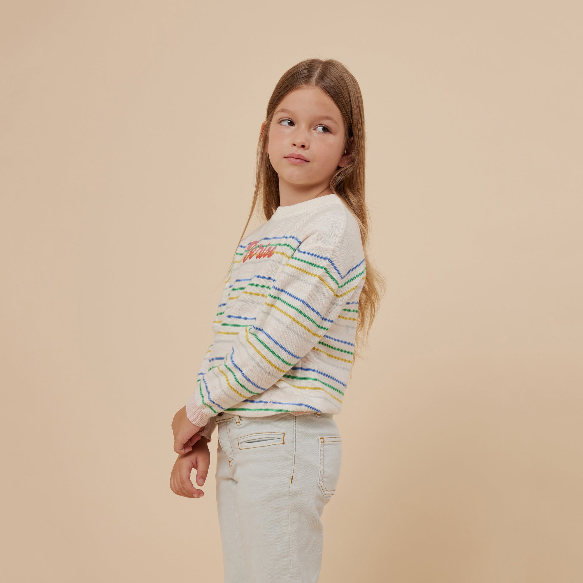 Girls White Stripes Cotton Sweater