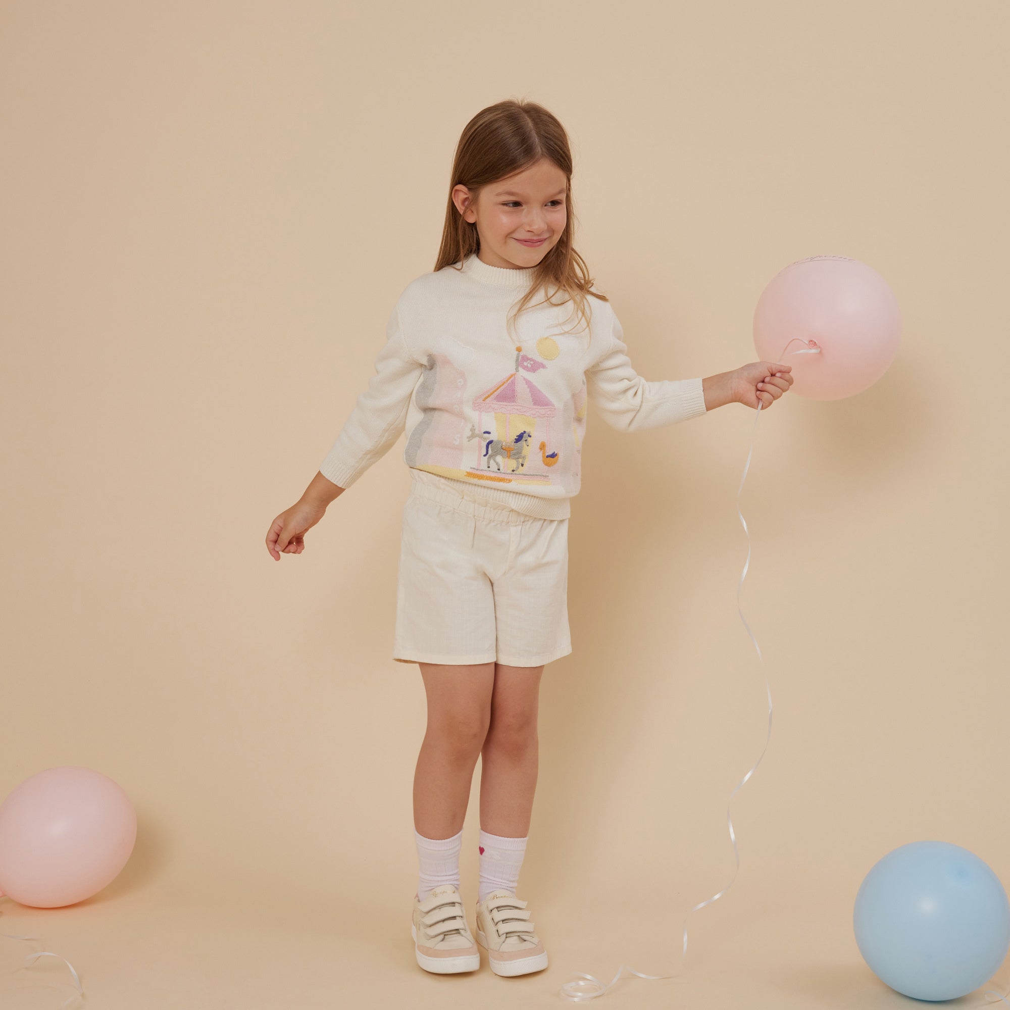 Girls White Jacquard Cotton Sweater