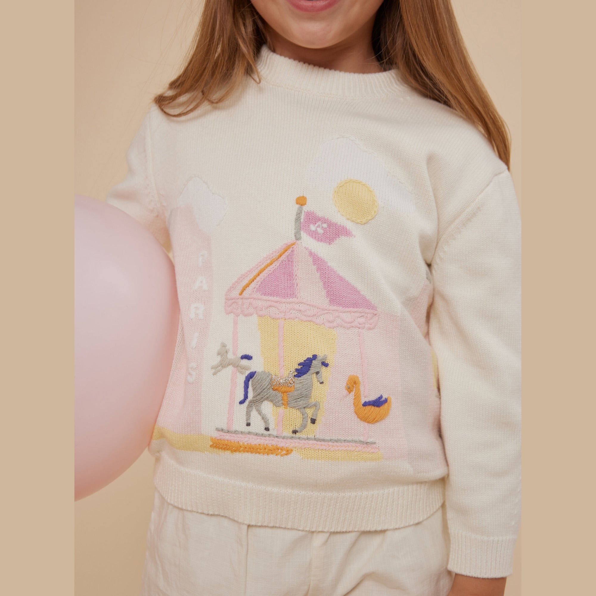 Girls White Jacquard Cotton Sweater