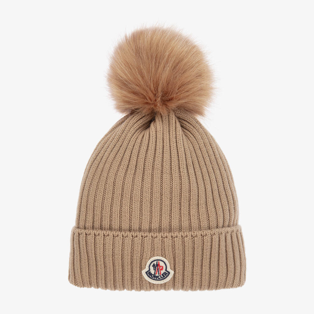 Girls Beige Wool Pom-Pom Hat