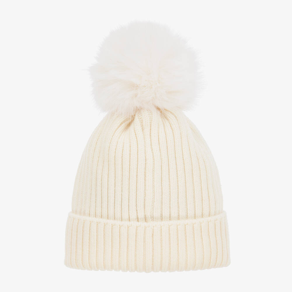 Girls White Wool Pom-Pom Hat