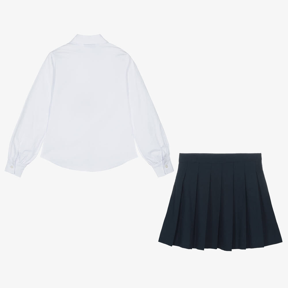 Girls White & Navy Cotton Skirt Set