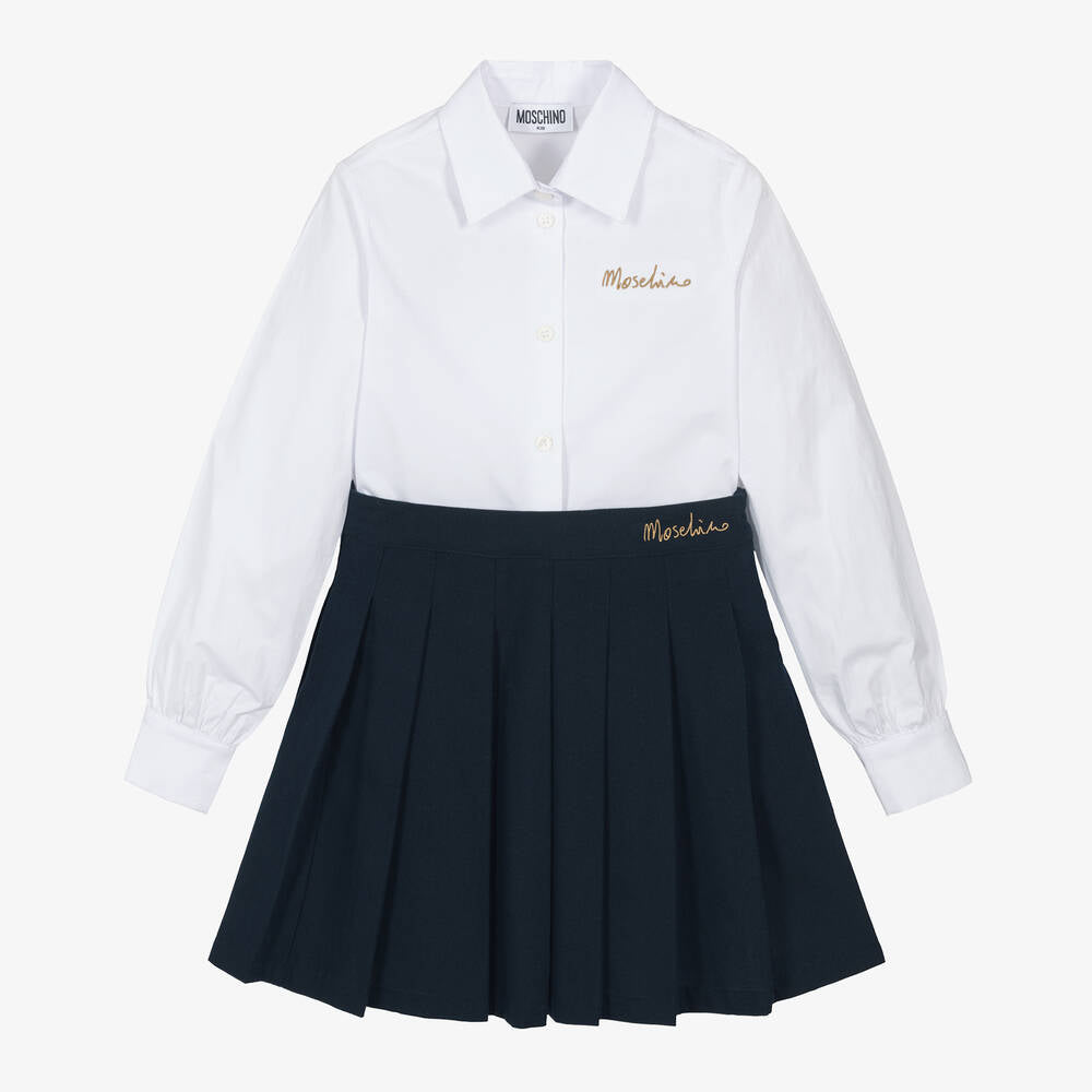 Girls White & Navy Cotton Skirt Set