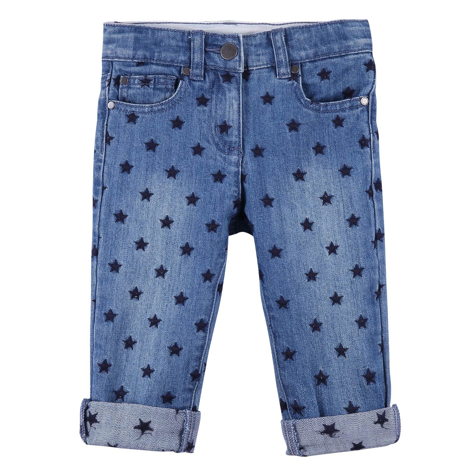 Girls Blue Stretch Denim Jeans With Star Embroidered Trims - CÉMAROSE | Children's Fashion Store - 1