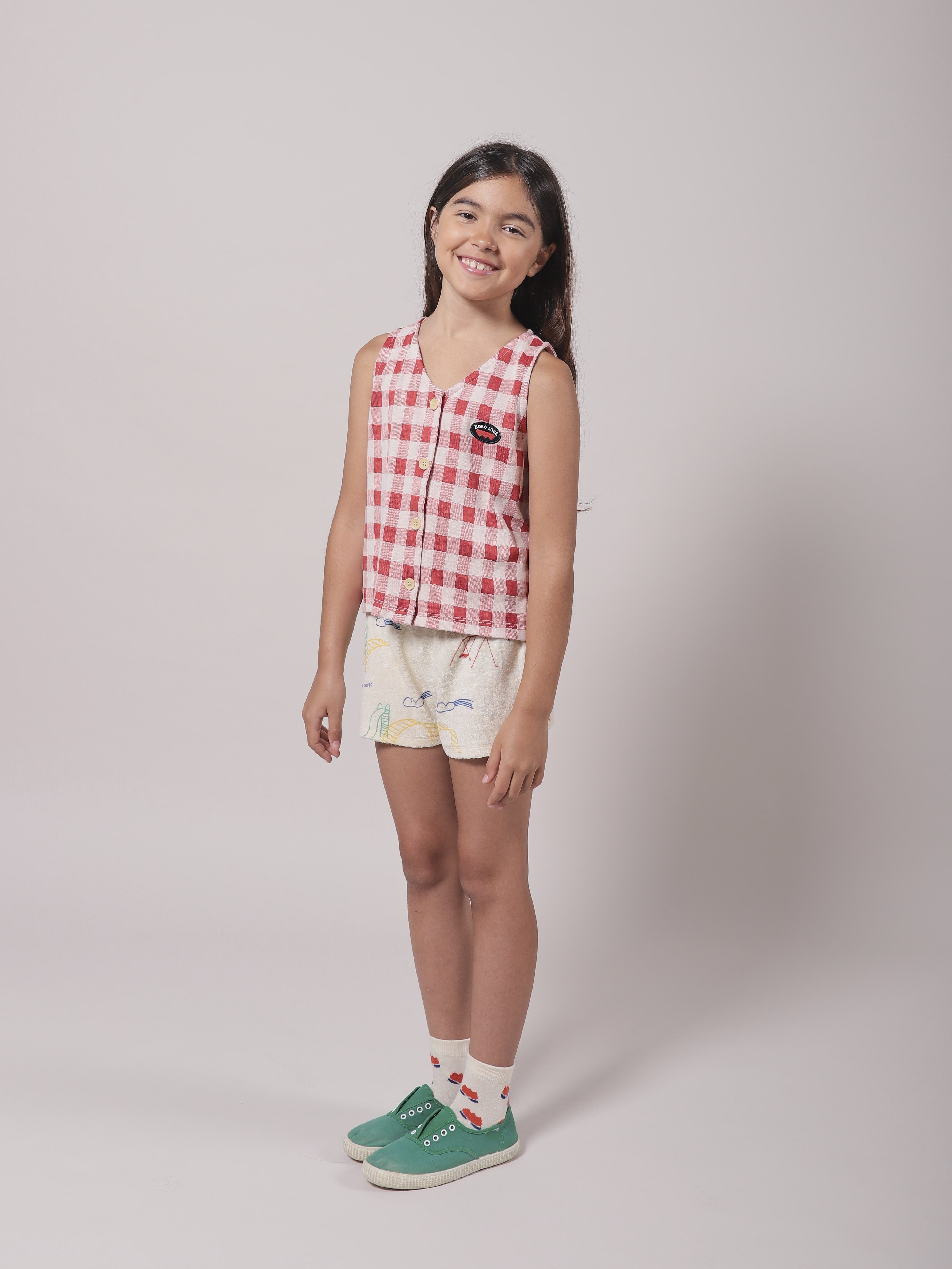 Girls Red Check Button Cotton Top