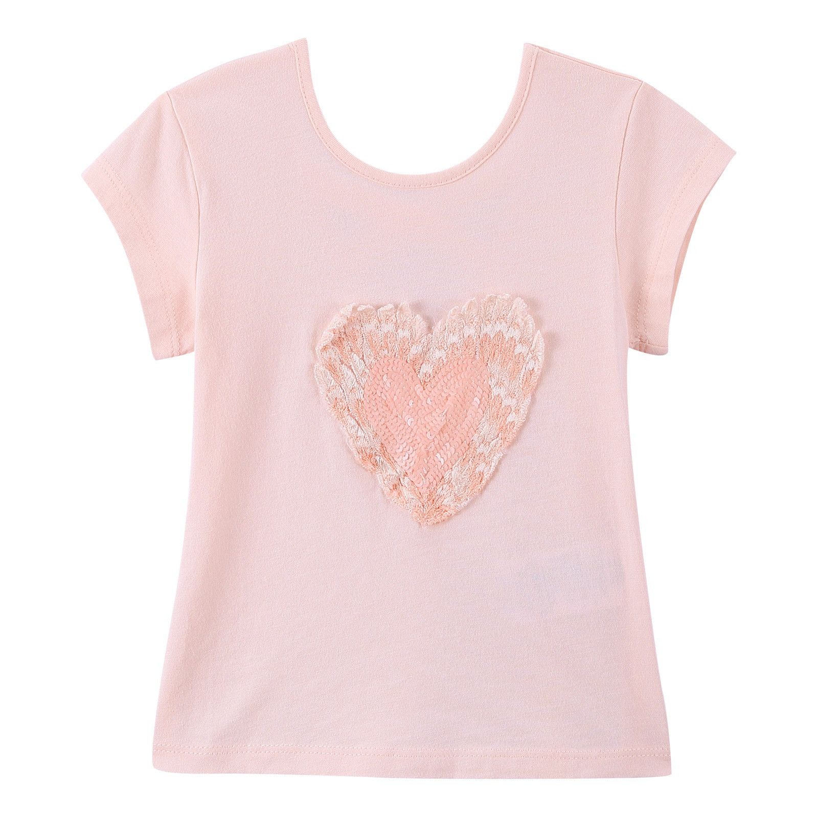 Girls Pink Cotton T-Shirt With Patch Sequin Heart Trims - CÉMAROSE | Children's Fashion Store - 1