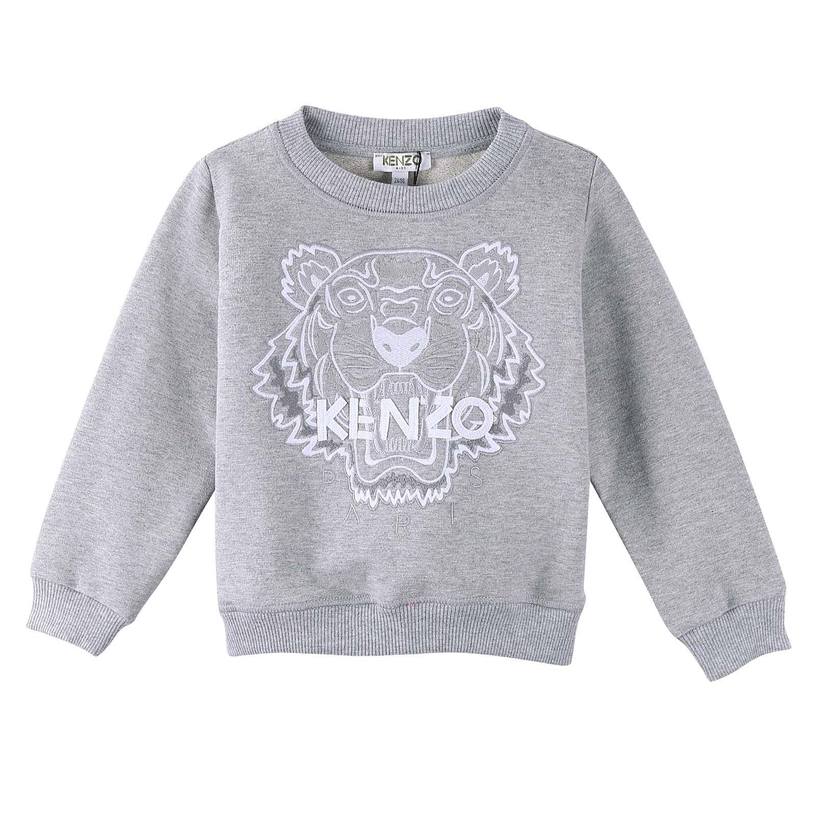 Girls Grey Cotton Sweatshirt With Embroidered Tiger Head Trims - CÉMAROSE | Children's Fashion Store - 1