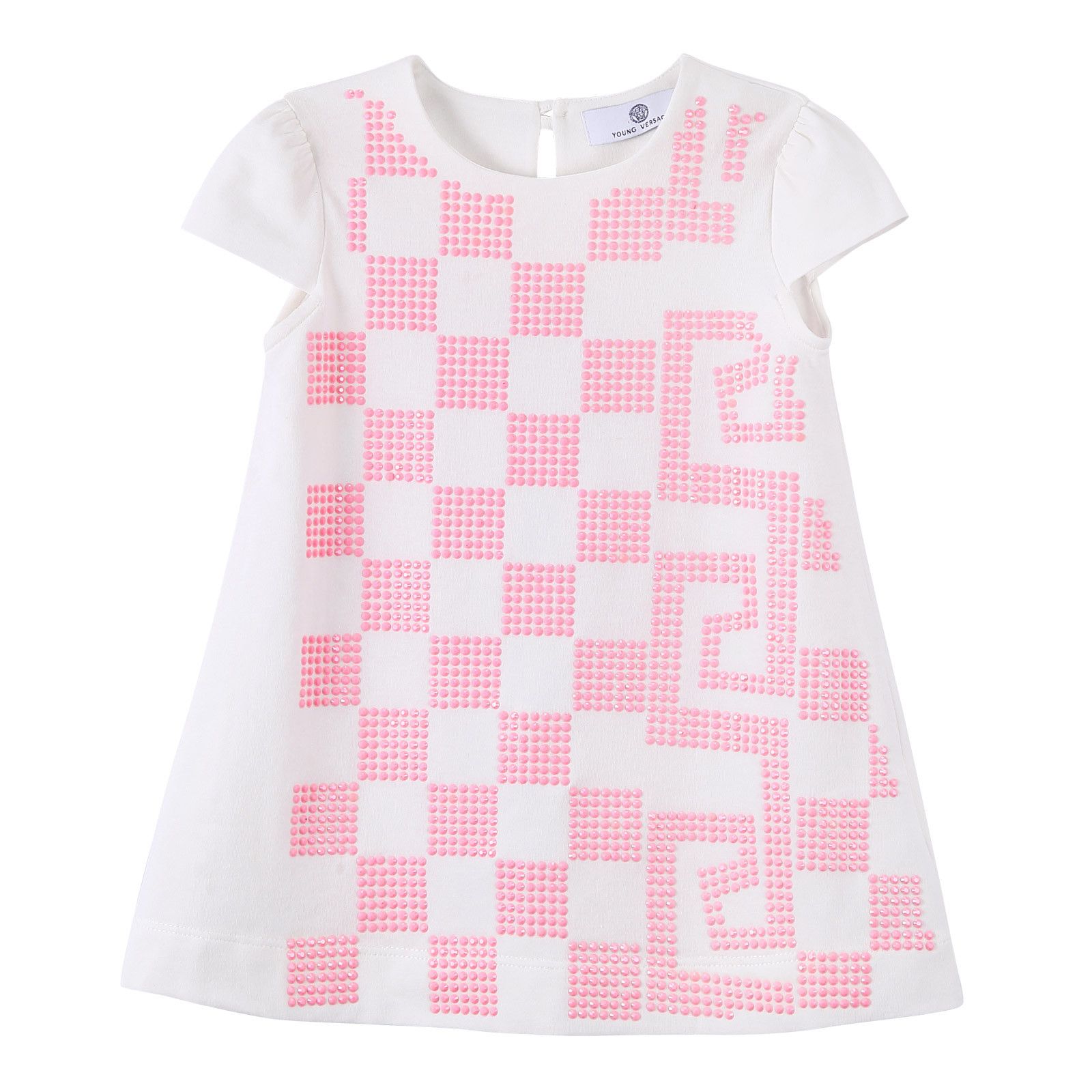 Baby Girls White Cotton Dress With Pink Greca Key Print - CÉMAROSE | Children's Fashion Store - 1