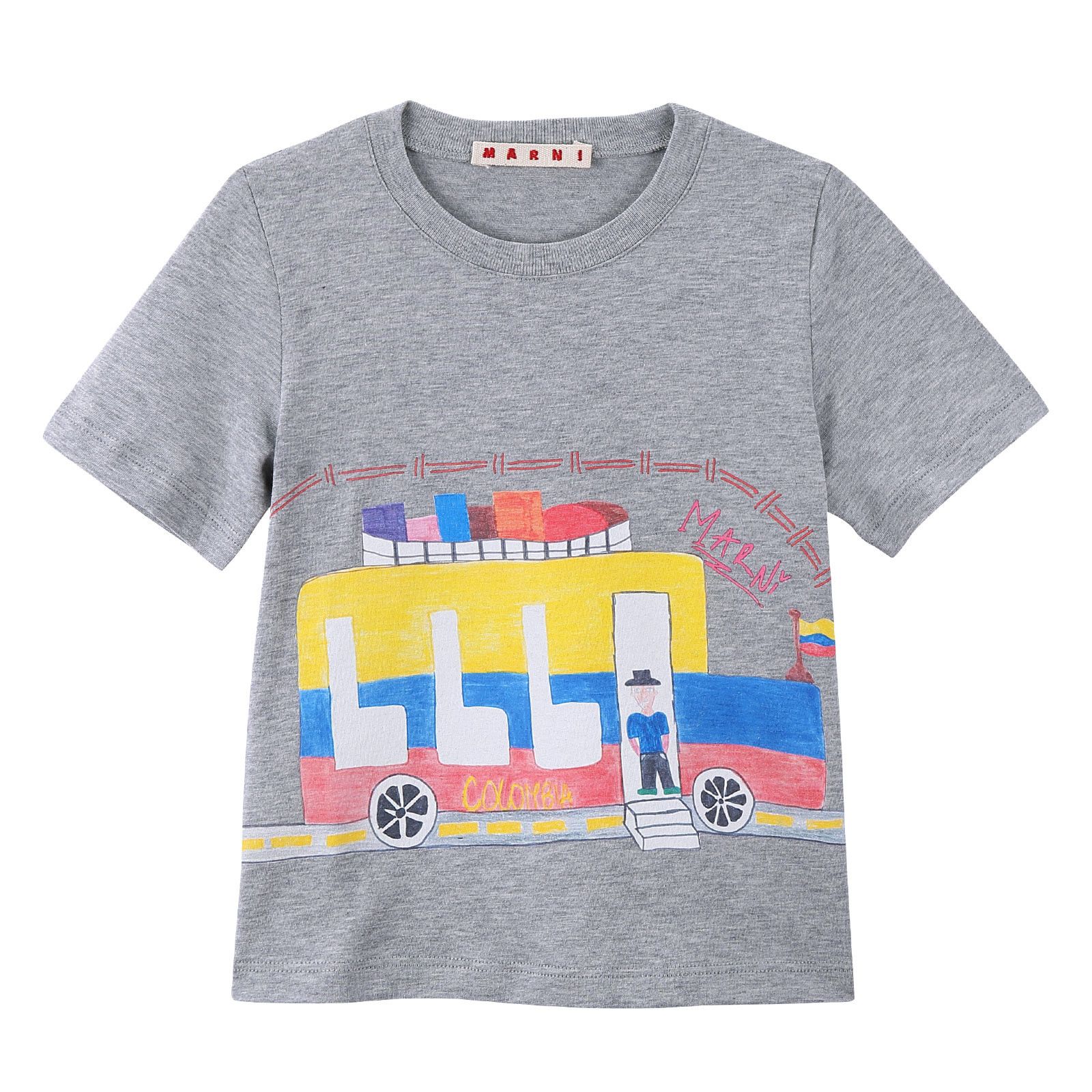 Girls Grey Bus Printed Cotton Jersey T-Shirt - CÉMAROSE | Children's Fashion Store - 1