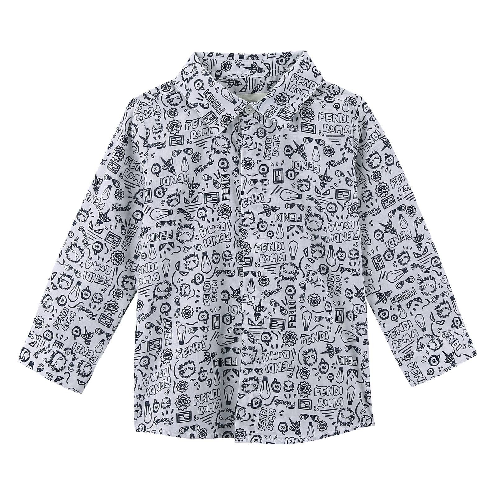 Baby Boys White&Blue All Over Printed Cotton Shirt - CÉMAROSE | Children's Fashion Store - 1