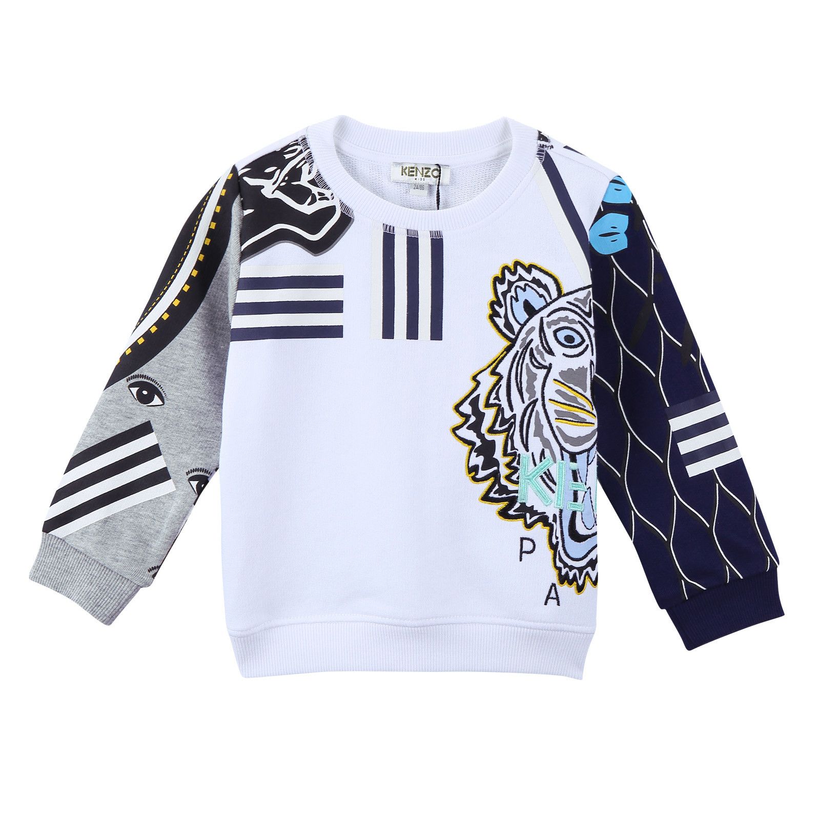 Boys White Cotton Sweatshirt With Multicolor Embroidered Tiger Head Trims - CÉMAROSE | Children's Fashion Store - 1