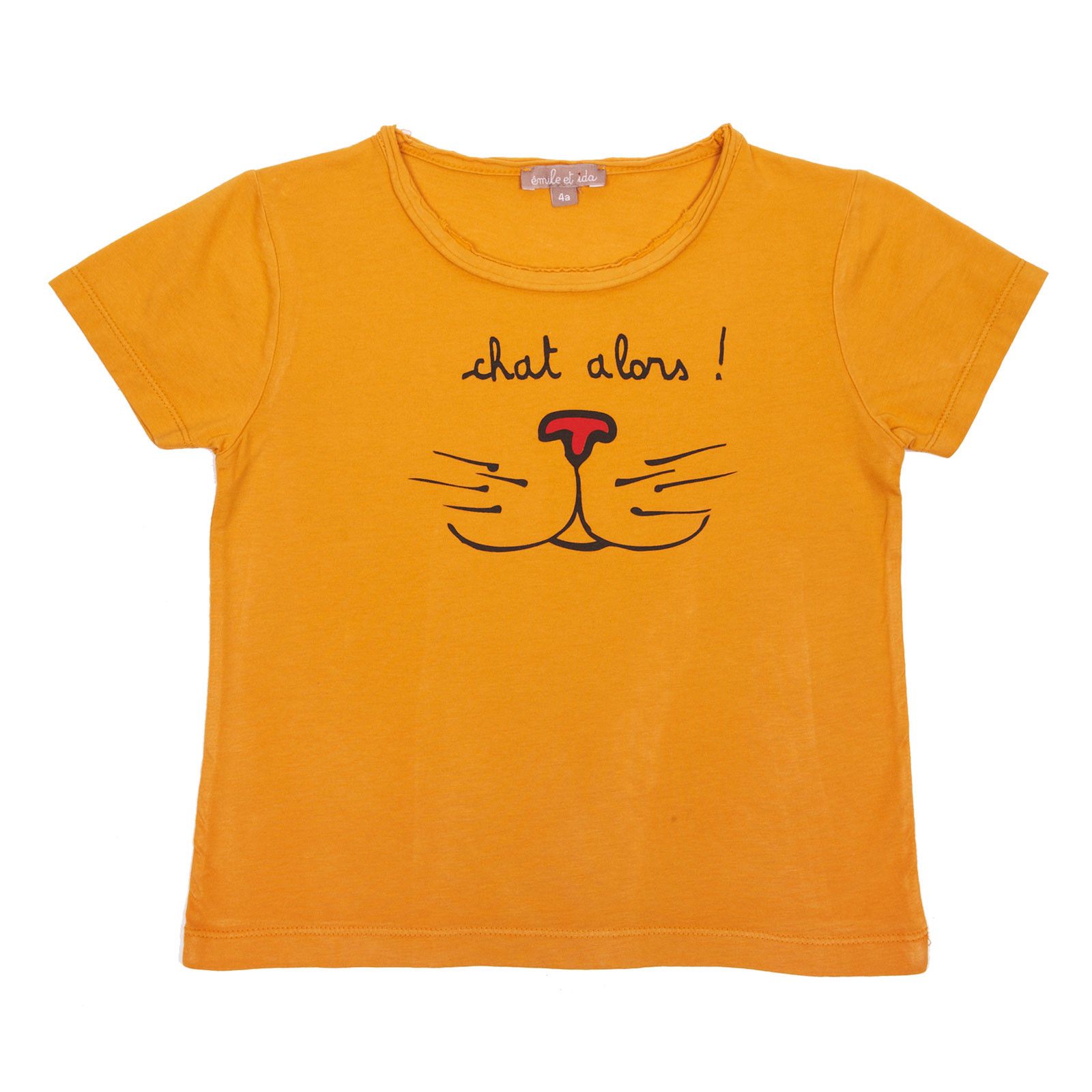 Girls Orange Cat Face Printed Cotton T-Shirt - CÉMAROSE | Children's Fashion Store
