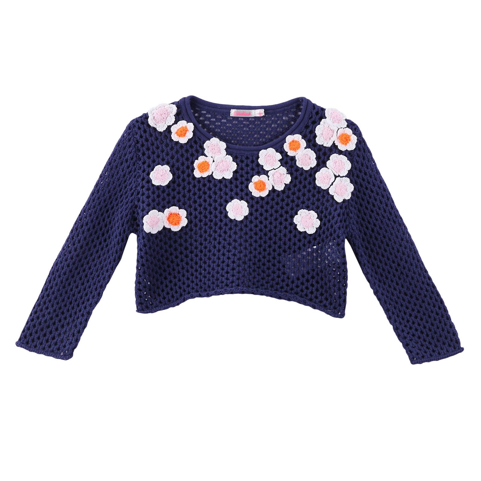 Girls Navy Blue Knitted Cotton Sweater With Patch Flower Trims - CÉMAROSE | Children's Fashion Store - 1