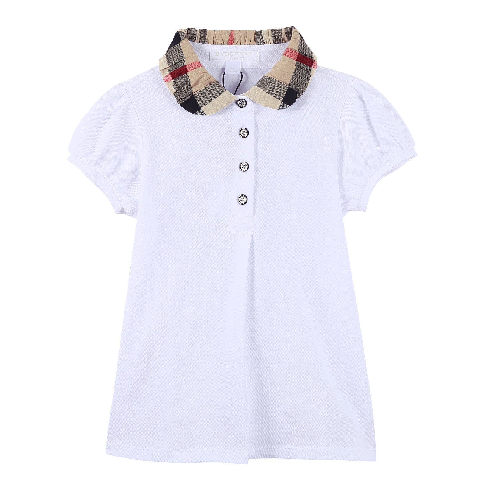 Girls White Cotton T-Shirt With Check Collar - CÉMAROSE | Children's Fashion Store - 1