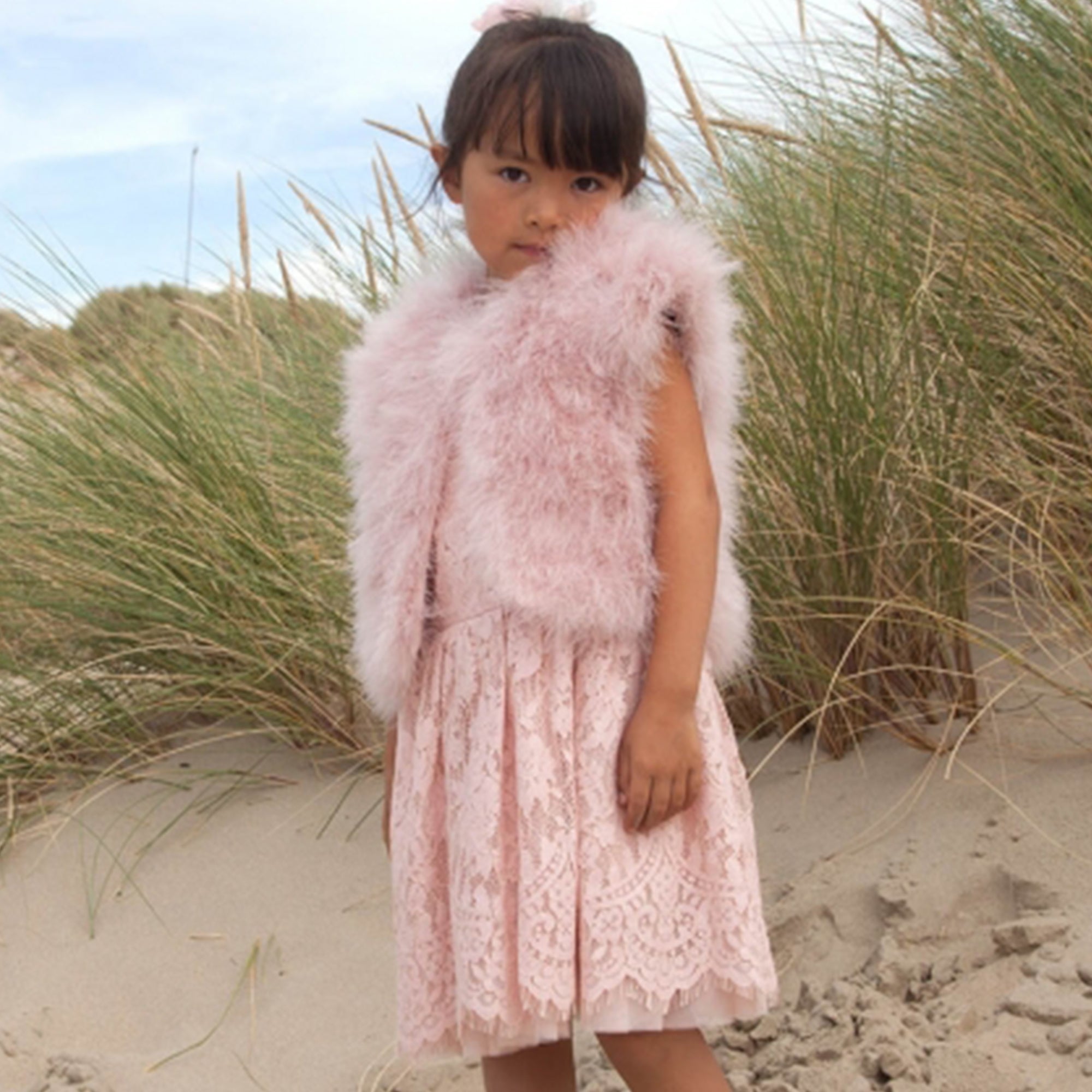 Veste en plumes de dinde rose poudré pour filles