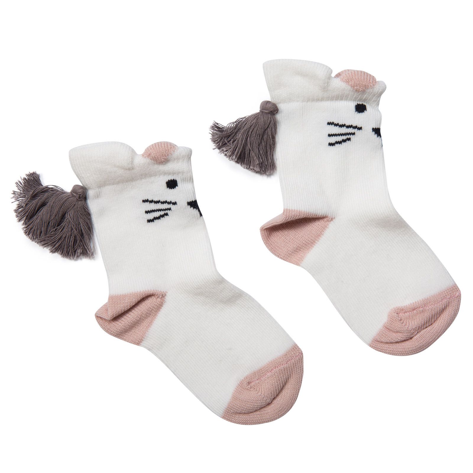 Girls White Embroidered Cat Pompom Socks - CÉMAROSE | Children's Fashion Store - 1