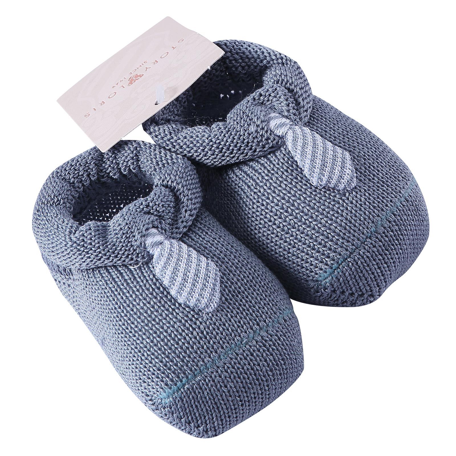 Baby Grey Knitted Cotton Shoes With Blue Tie Trims - CÉMAROSE | Children's Fashion Store - 2