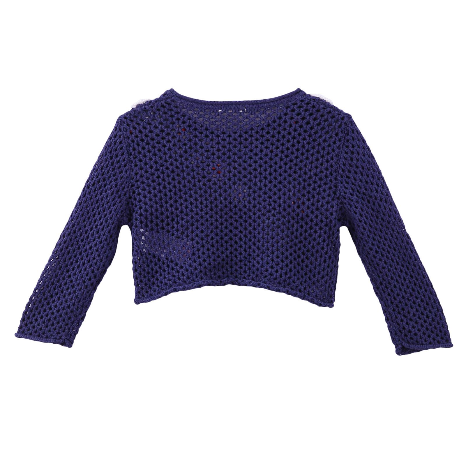 Girls Navy Blue Knitted Cotton Sweater With Patch Flower Trims - CÉMAROSE | Children's Fashion Store - 2