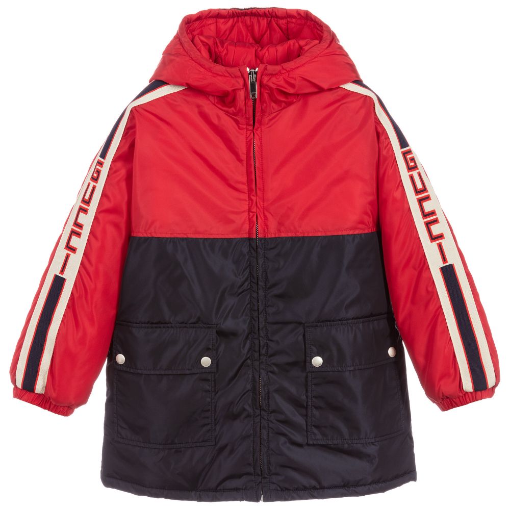 Boys Red & Blue Hooded Logo Coat