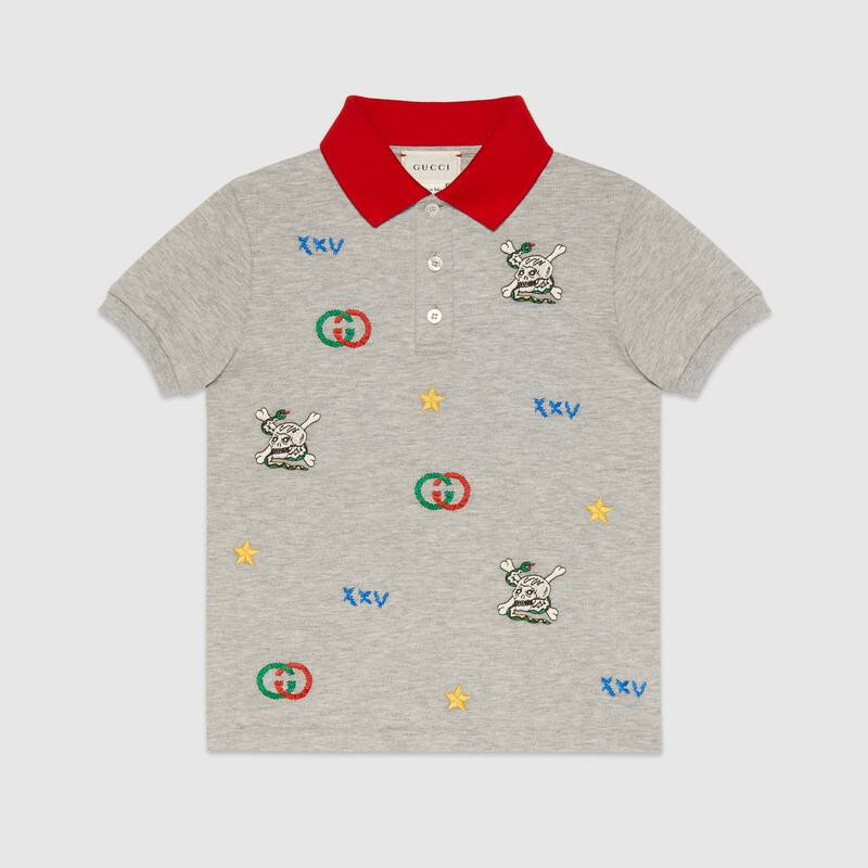 Boys Grey Embroidered Cotton Polo Shirt