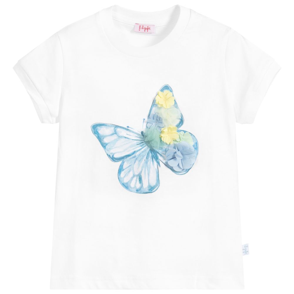 Girls White Butterfly Cotton T-shirt